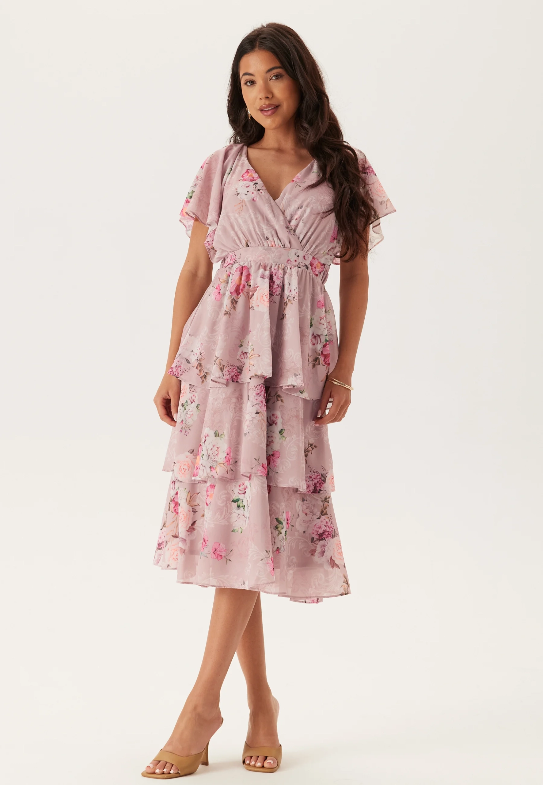Floral Flutter Tiered Midi Dress - Goddiva